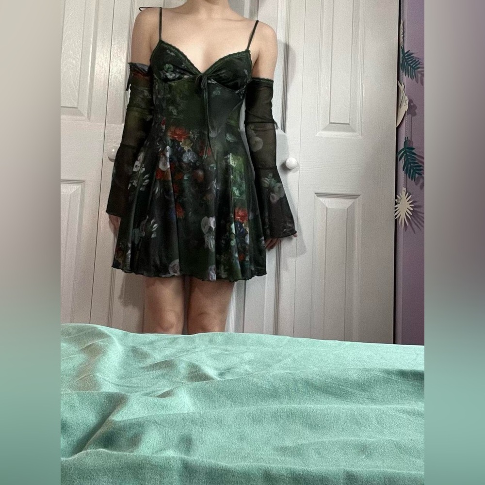 dELiA*s Dark Green Floral Mini Dress with Sheer Off-Shoulder Sleeves